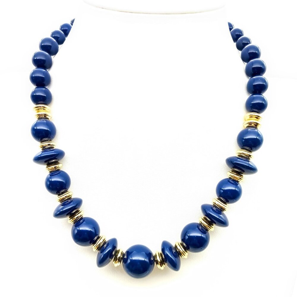 Chic Blue and Gold Beaded Vintage Necklace with Lucite Beads and Gold Tone Space